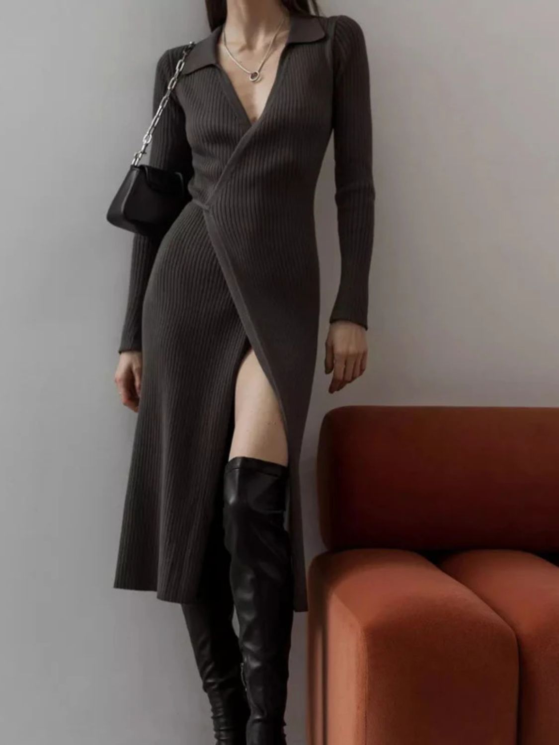 Maya Tied Collared Neck Long Sleeve Sweater Dress | 3 Colors
