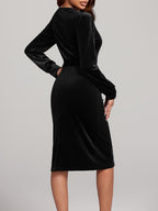 Round Neck Tie Waist Long Sleeve Velvet Dress | 4 Colors | Poundton