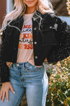 Rare Tour Sequin Sleeve Raw Hem Denim Jacket