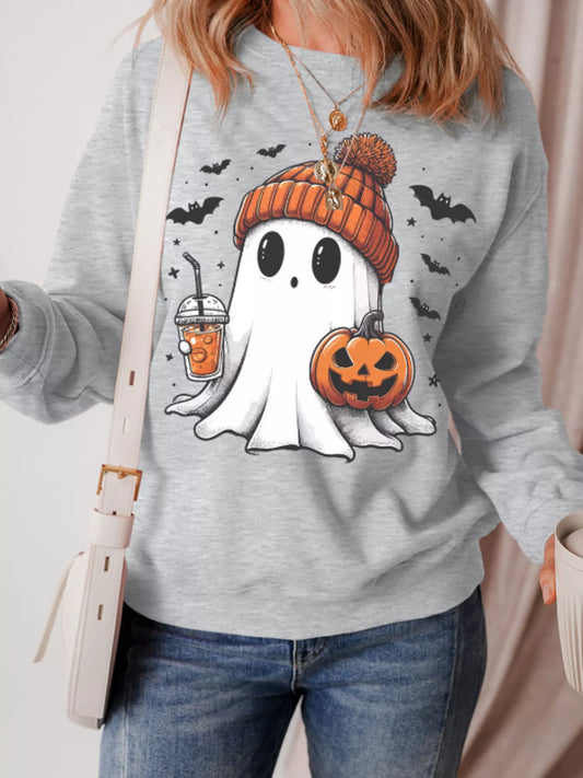 Front view of the gray Boo Crew ghost and pumpkin Halloween sweatshirt
