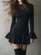 Ravenna bell sleeve ruffle hem mini dress in black front view