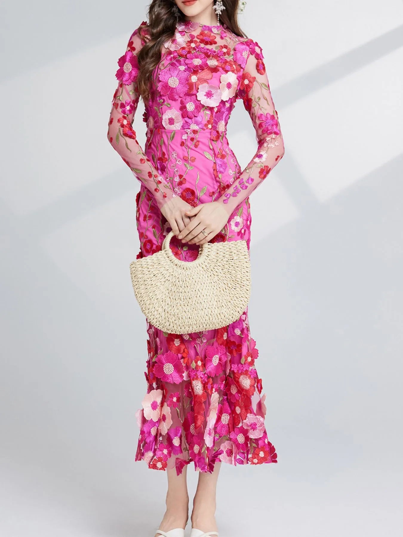 Floral embroidered mesh maxi dress with long sleeves, by Pinup Girl Clothing, sizes XS to 4X.