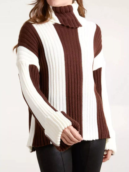 Bold stripe ribbed turtleneck sweater in brown by Pinup Girl Clothing