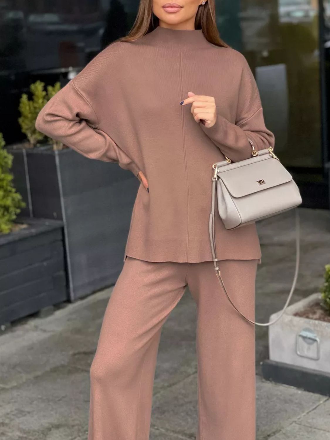 Gabriella Slit Mock Neck Top and Pants Sweater Set | 4 Colors