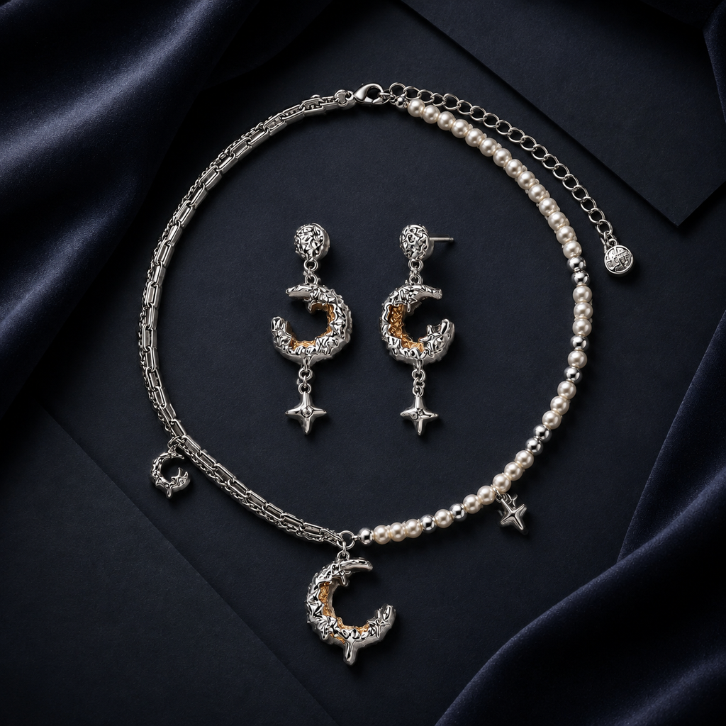 Celestial Dreams set, crescent moon pendant on a pearl chain with matching moon earrings