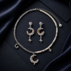 Celestial Dreams set, crescent moon pendant on a pearl chain with matching moon earrings