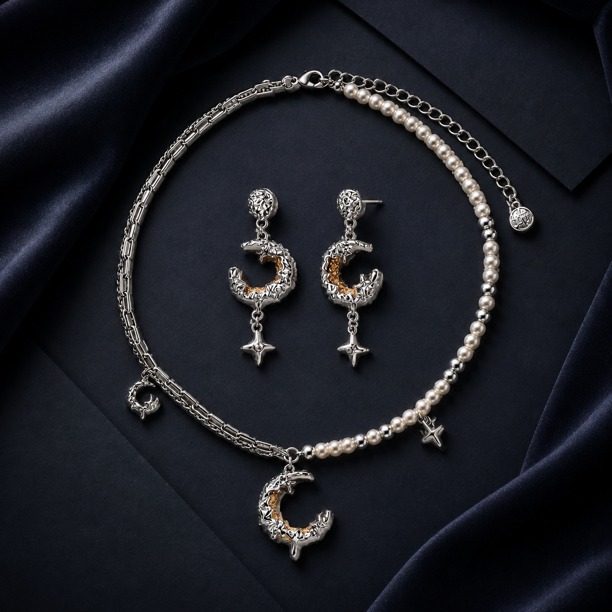 Celestial Dreams set, crescent moon pendant on a pearl chain with matching moon earrings