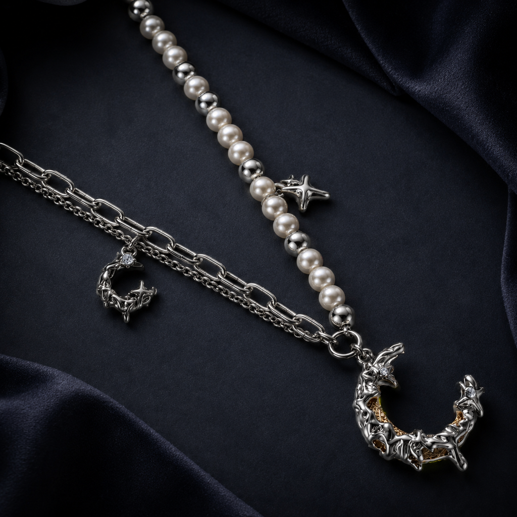Celestial Dreams set, crescent moon pendant on a pearl chain with matching moon earrings