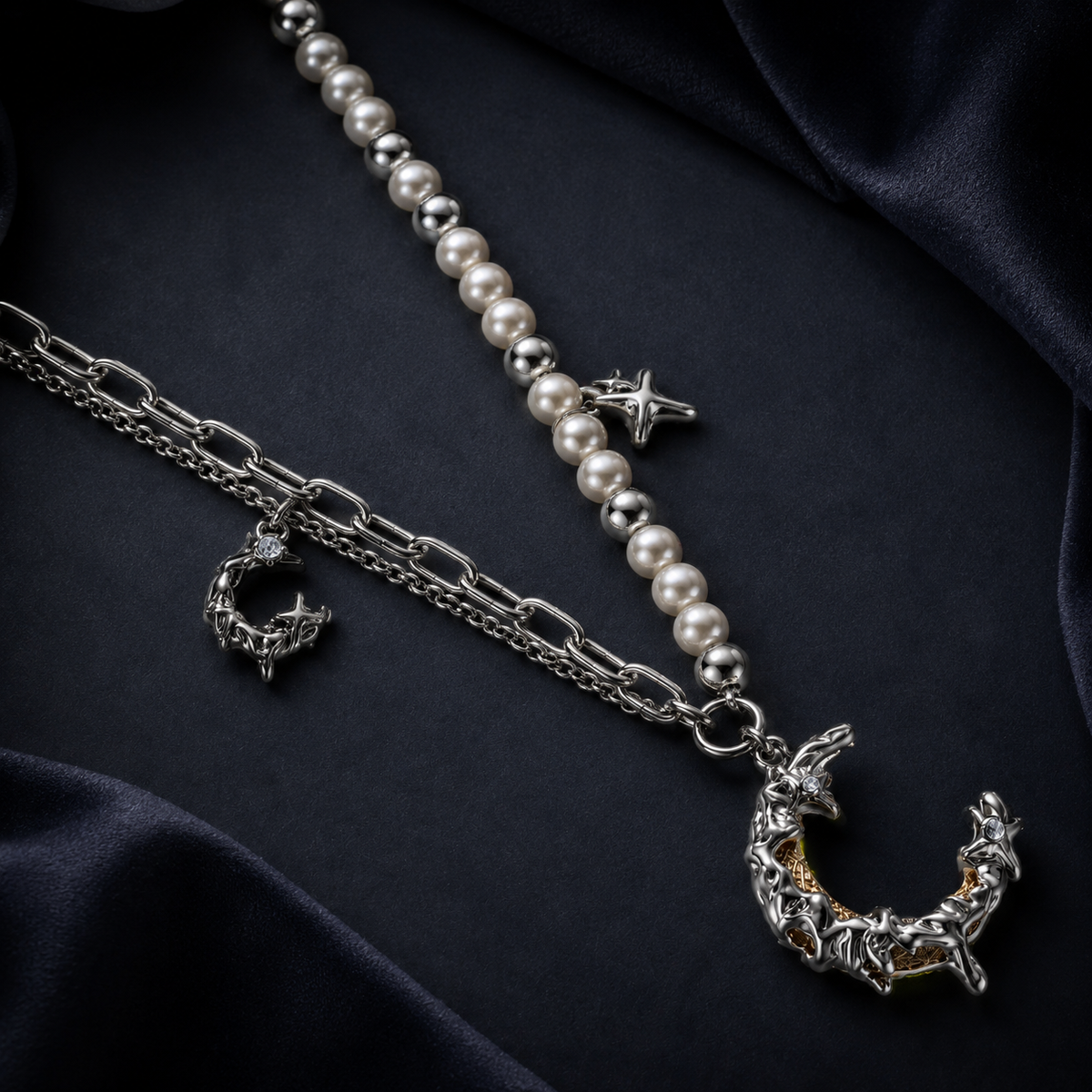 Celestial Dreams set, crescent moon pendant on a pearl chain with matching moon earrings