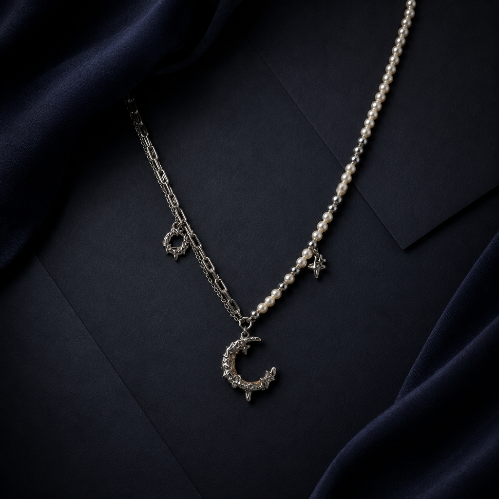 Celestial Dreams set, crescent moon pendant on a pearl chain with matching moon earrings