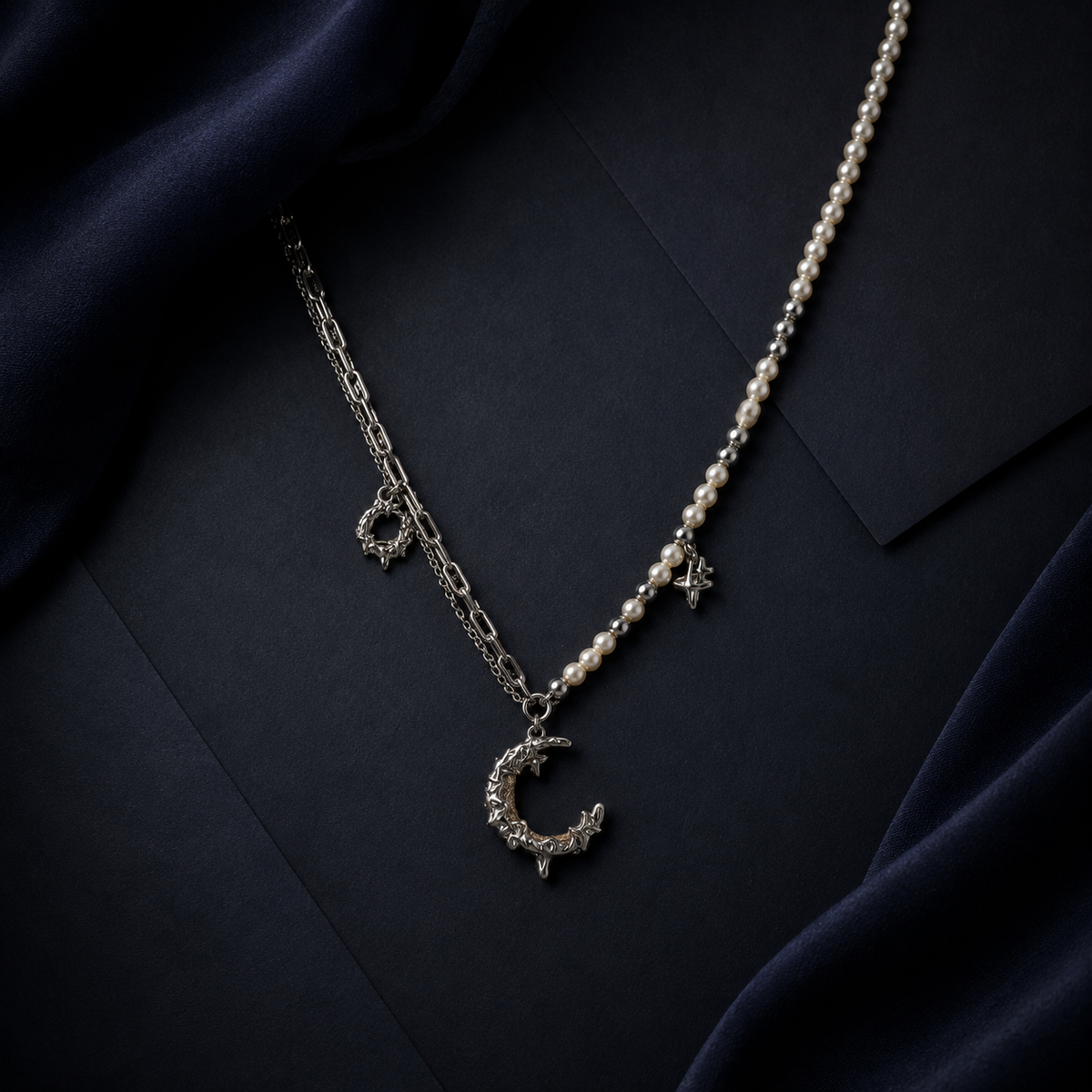 Celestial Dreams set, crescent moon pendant on a pearl chain with matching moon earrings