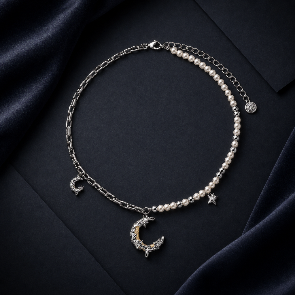Celestial Dreams set, crescent moon pendant on a pearl chain with matching moon earrings