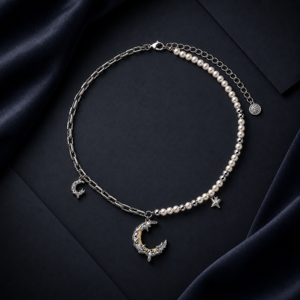Celestial Dreams set, crescent moon pendant on a pearl chain with matching moon earrings