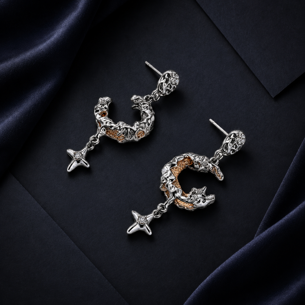 Celestial Dreams set, crescent moon pendant on a pearl chain with matching moon earrings