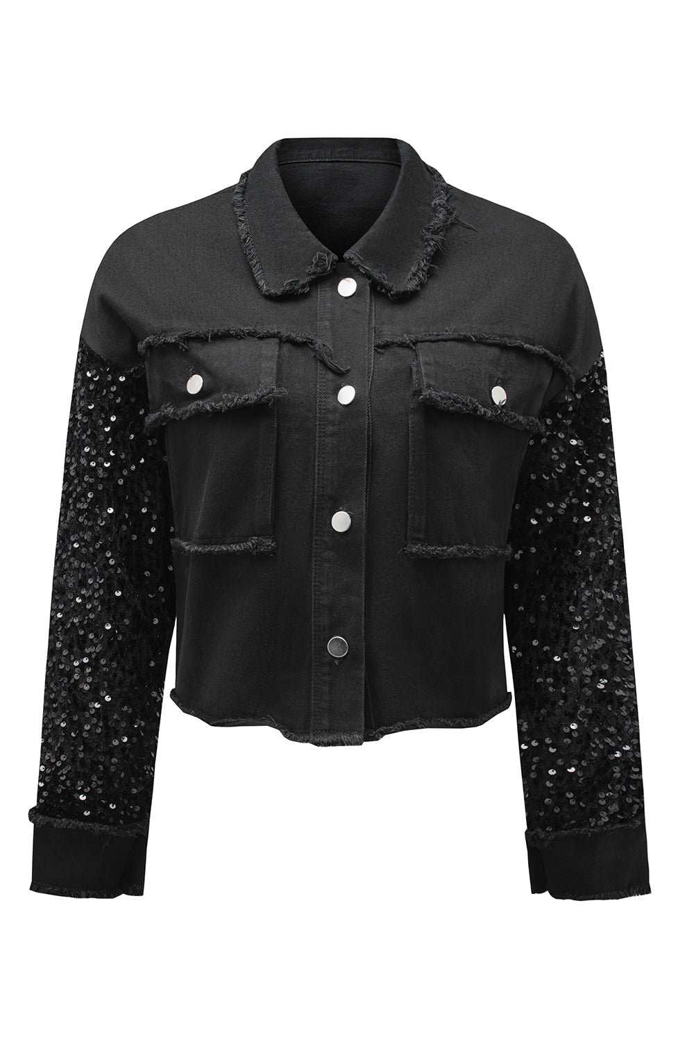 Rare Tour Raw Hem Denim Jacket with Black Sequin Sleeves
