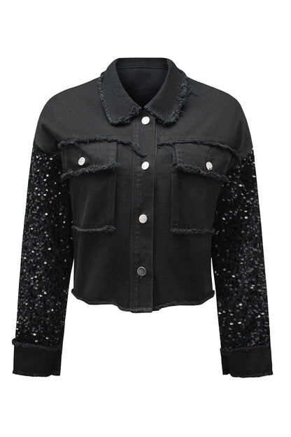 Rare Tour Raw Hem Denim Jacket with Black Sequin Sleeves