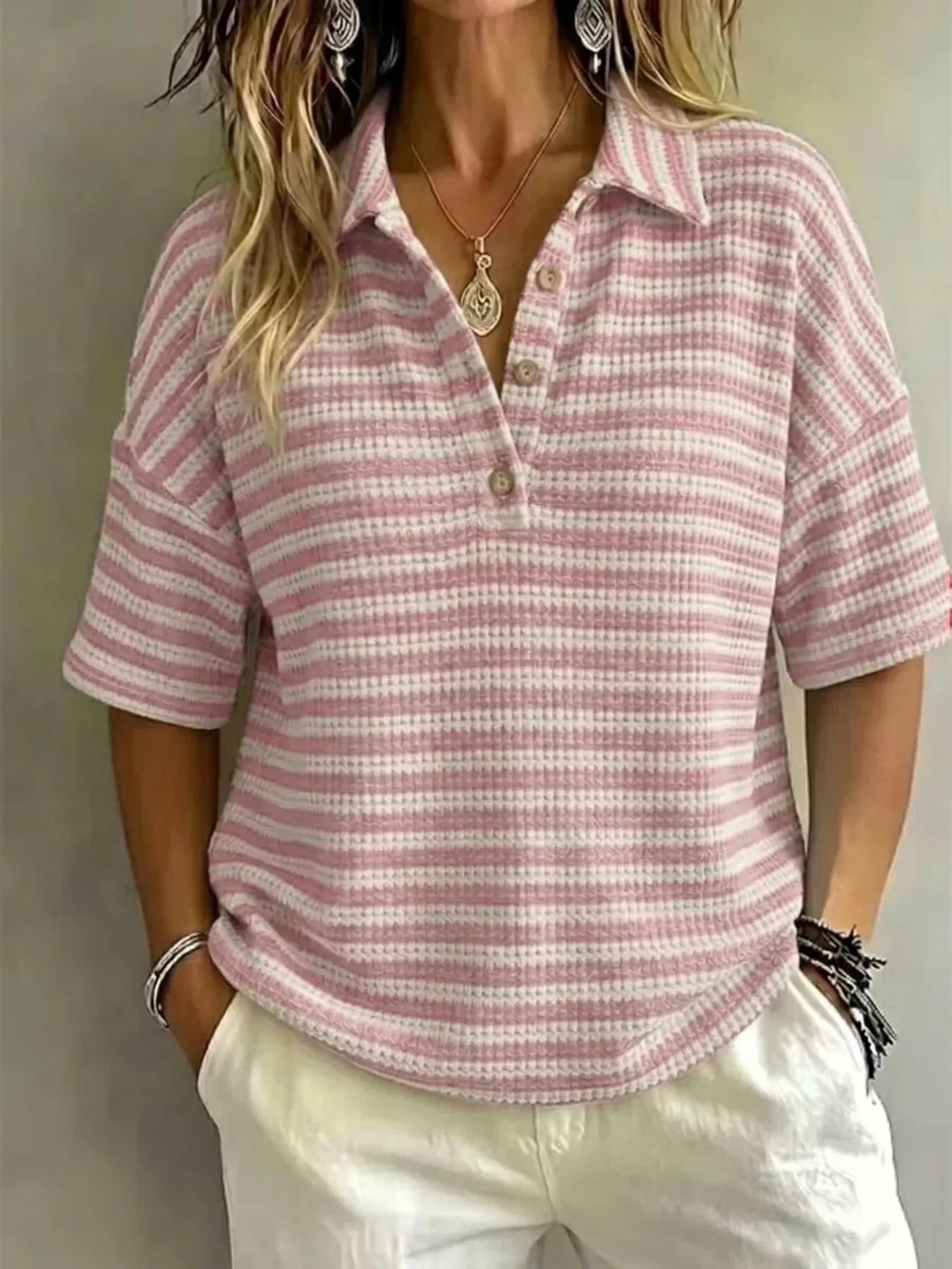 Marion Striped Knit Polo in Pink by Pinup Girl Clothing