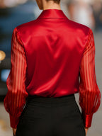 The Scarlet Siren sheer-sleeve collared blouse by Pinup Girl Clothing, sizes XS to 4X.