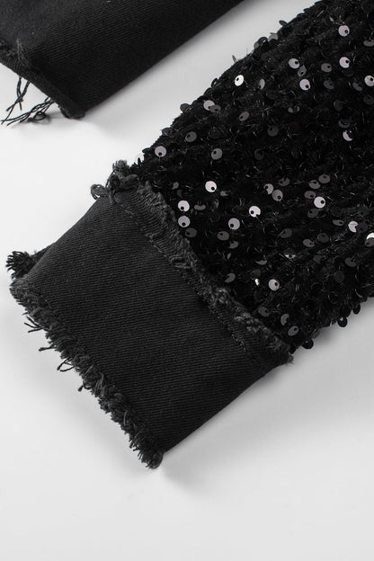 Rare Tour Raw Hem Denim Jacket with Black Sequin Sleeves