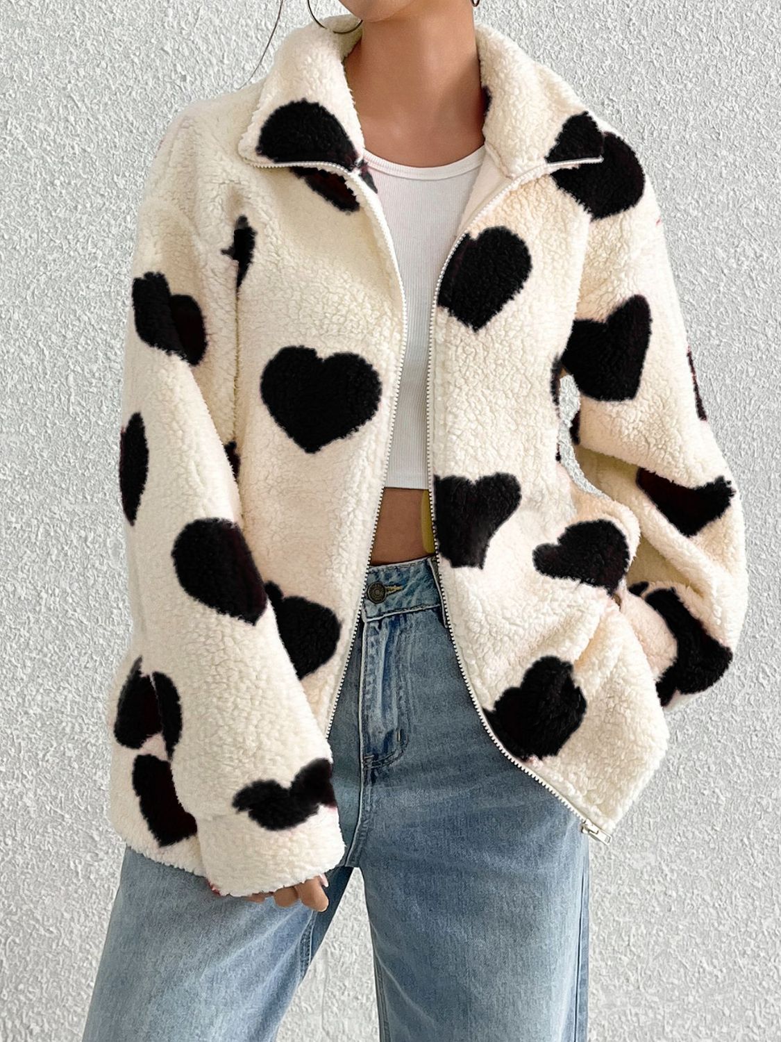 Aria Heart Zip Up Drop Shoulder Furry Jacket | 3 Colors