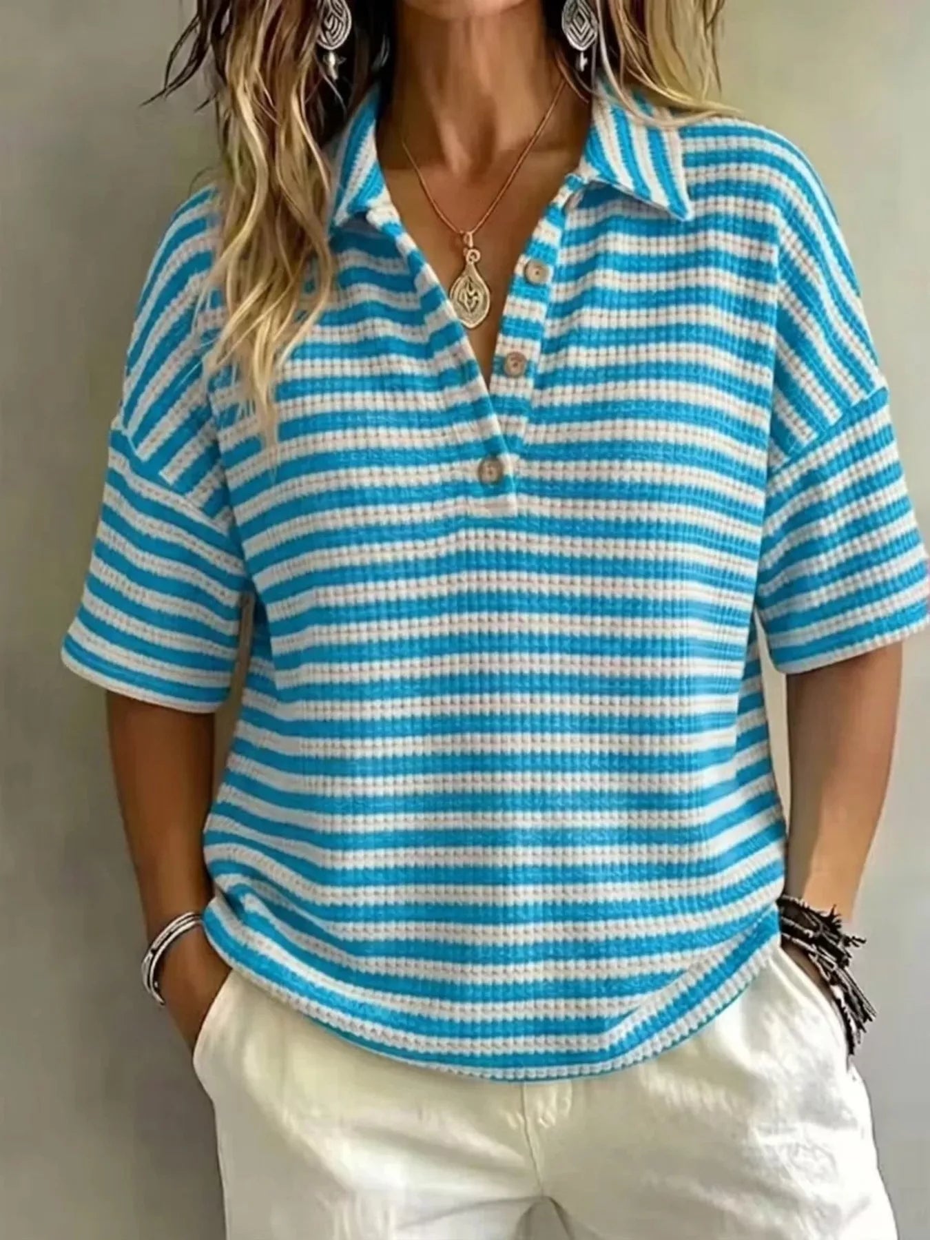 Marion Striped Knit Polo in Sky Blue by Pinup Girl Clothing