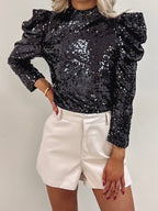 Mali Bubble Sleeve Sequin Top in Black