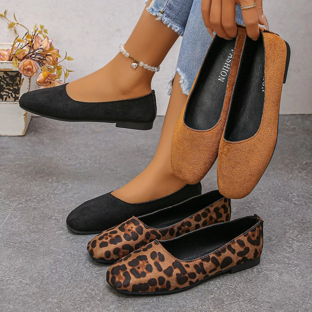 Audrey round toe ballet flats in black, leopard and camel