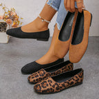 Audrey round toe ballet flats in black, leopard and camel