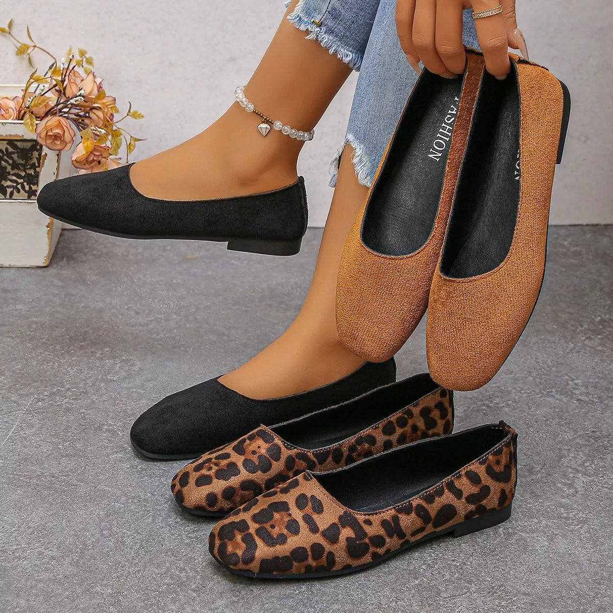Audrey round toe ballet flats in black, leopard and camel