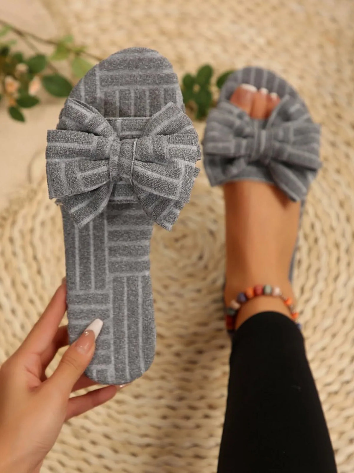 Leyla bow-knot open-toe slide sandals in grey by Pinup Girl Clothing