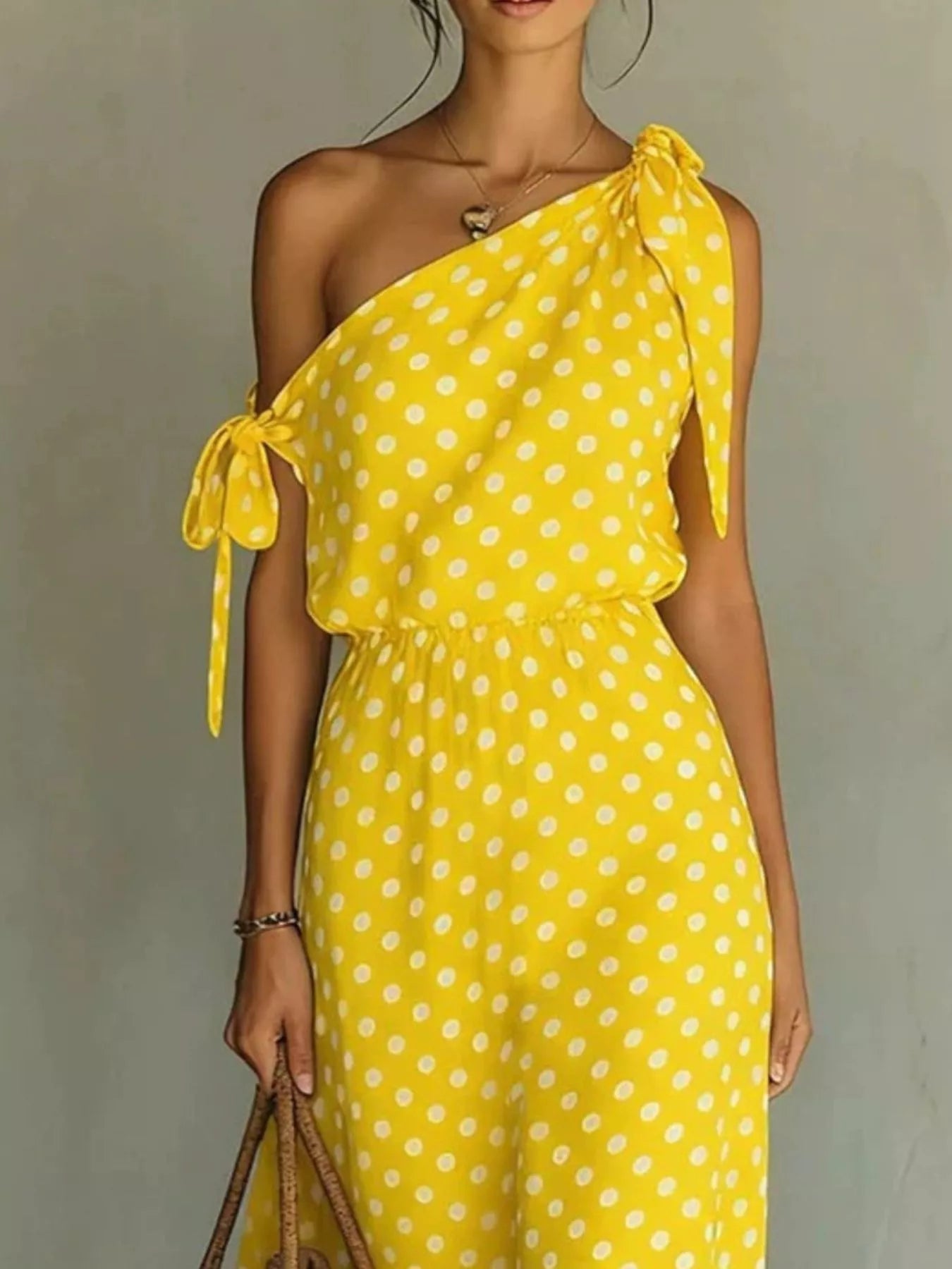 Full length view of the Dorothea one-shoulder polka dot midi dress, by Pinup Girl Clothing