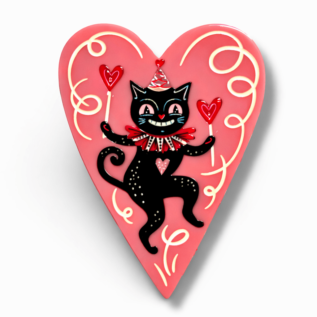 Dancing Cat in Heart Brooch, black cat dancing inside a heart