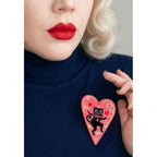 Dancing Cat in Heart Brooch, black cat dancing inside a heart (view 4)