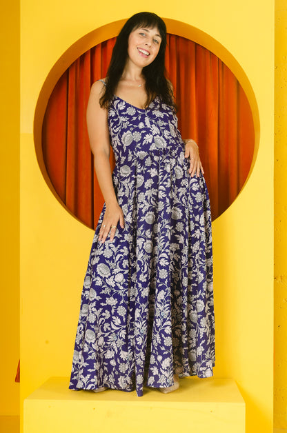 COMING SOON - Amalie Ballerina Daytime Maxi Gown in Blue & White Capri Floral Crepe | Pinup Couture