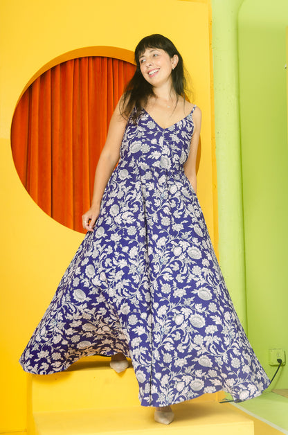 COMING SOON - Amalie Ballerina Daytime Maxi Gown in Blue & White Capri Floral Crepe | Pinup Couture