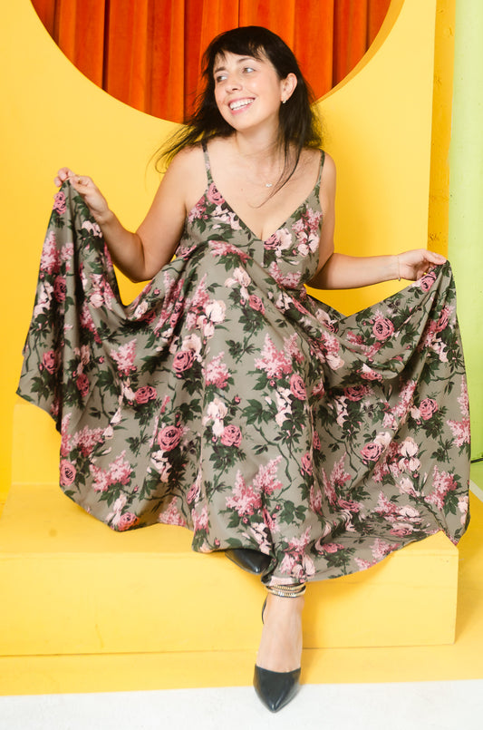 COMING SOON - Amalie Daytime Maxi Gown in Green Caledonia Bella Roses Crepe | Laura Byrnes Design