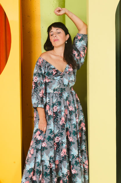 COMING SOON - Molly 70s Floral Vintage Maxi Gown in J'adore Paris Bella Roses Print | Pinup Couture