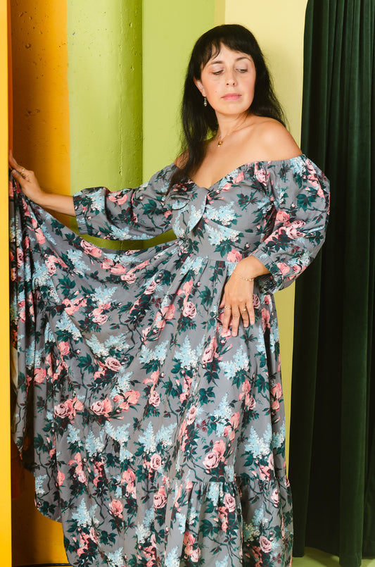 COMING SOON - Molly 70s Floral Vintage Maxi Gown in J'adore Paris Bella Roses Print | Pinup Couture