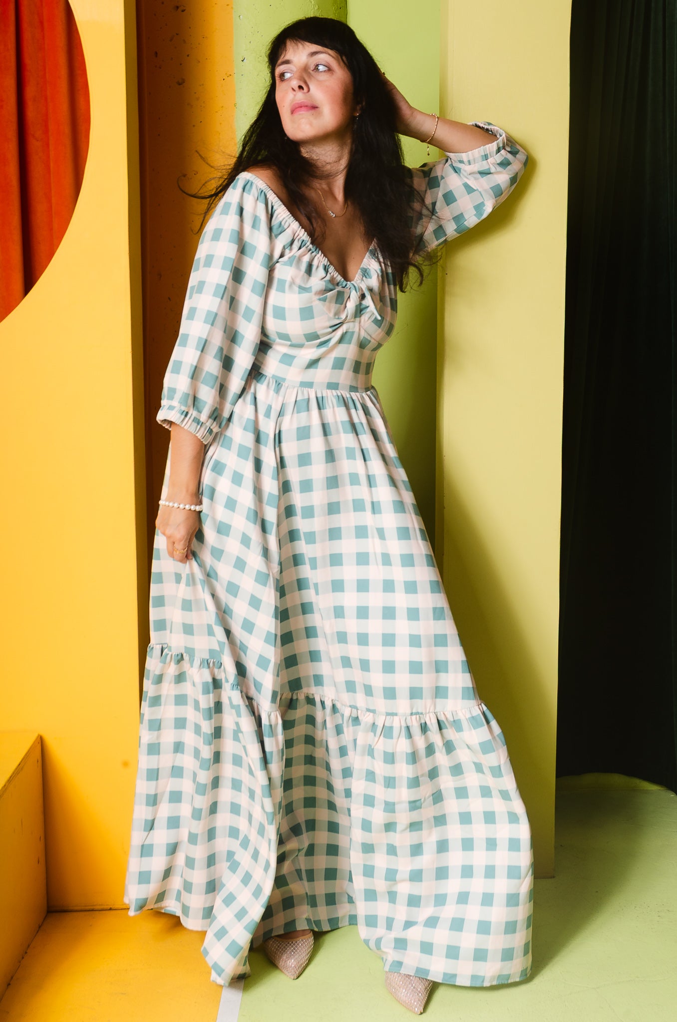 Molly 70s Vintage Maxi Gown in Sage Green Gingham | Pinup Couture - PREORDER