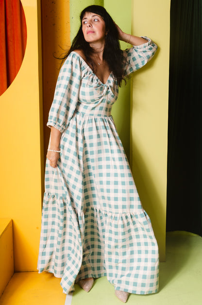 Molly 70s Vintage Maxi Gown in Sage Green Gingham | Pinup Couture - PREORDER