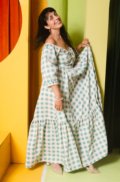 Molly 70s Vintage Maxi Gown in Sage Green Gingham | Pinup Couture - PREORDER