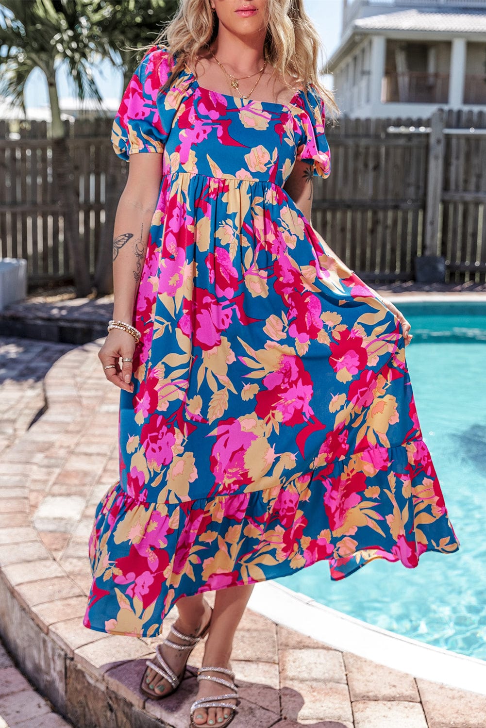 Trellis Square Neck Floral Dress with Bubble Sleeves and Ruffled Hem