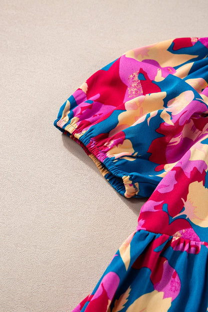 Trellis Square Neck Floral Dress with Bubble Sleeves and Ruffled Hem