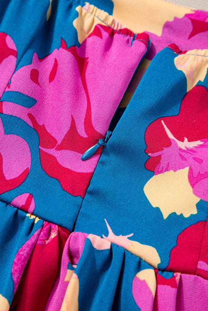 Trellis Square Neck Floral Dress with Bubble Sleeves and Ruffled Hem