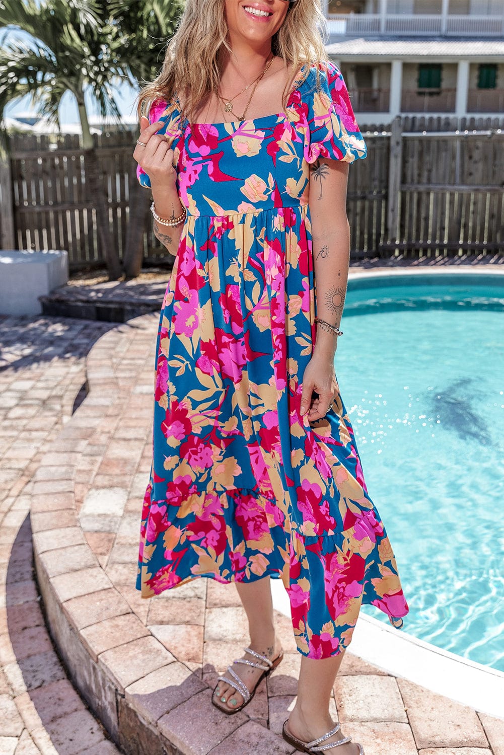 Trellis Square Neck Floral Dress with Bubble Sleeves and Ruffled Hem