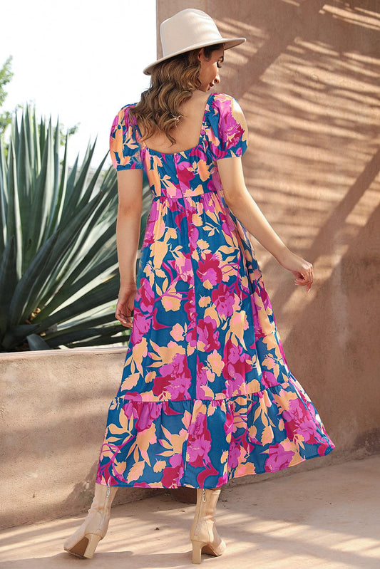 Trellis Square Neck Floral Dress with Bubble Sleeves and Ruffled Hem