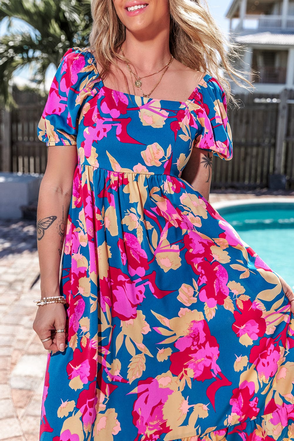 Trellis Square Neck Floral Dress with Bubble Sleeves and Ruffled Hem