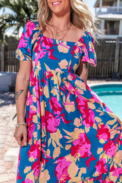 Trellis Square Neck Floral Dress with Bubble Sleeves and Ruffled Hem