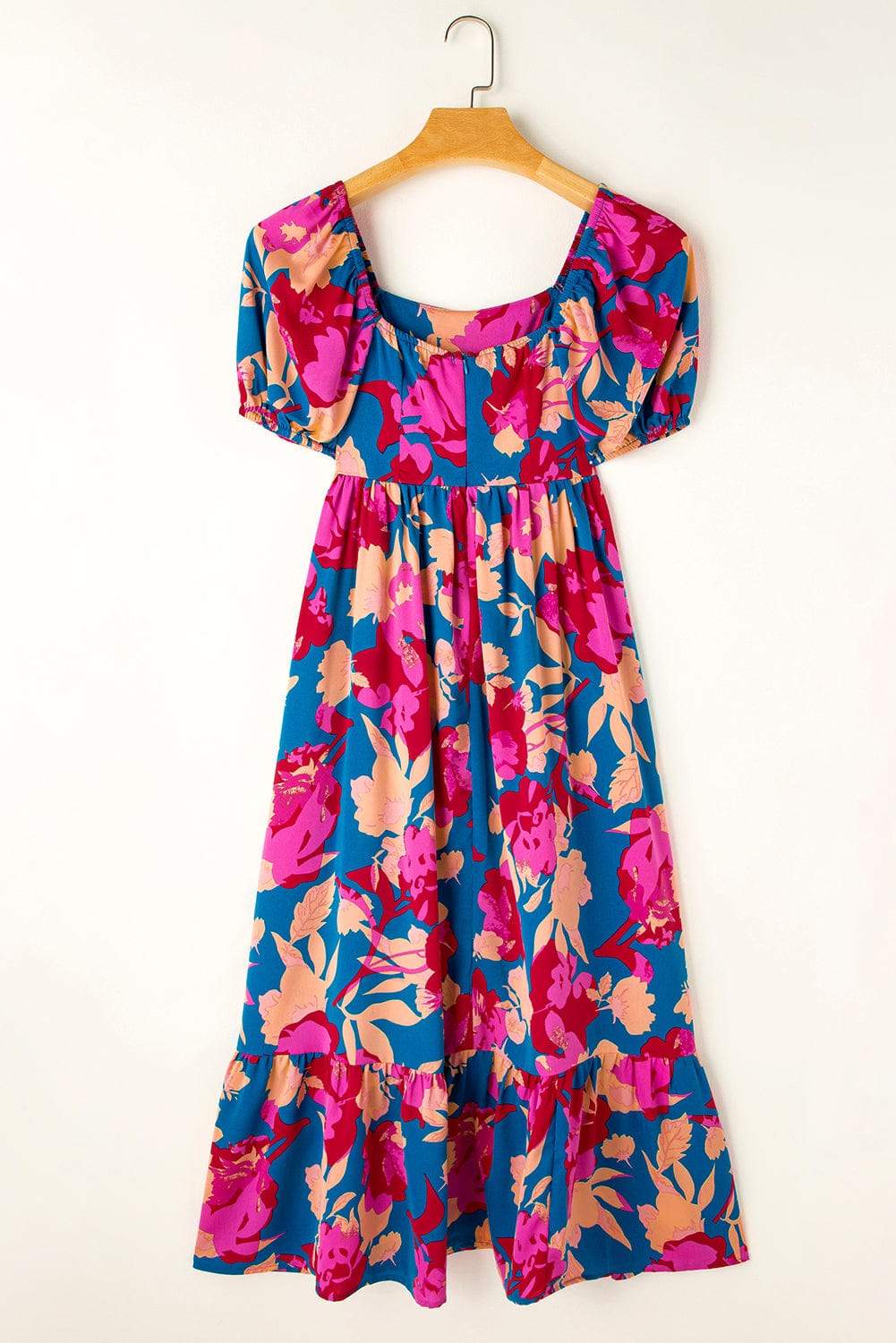 Trellis Square Neck Floral Dress with Bubble Sleeves and Ruffled Hem