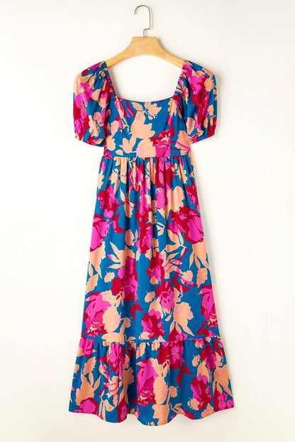 Trellis Square Neck Floral Dress with Bubble Sleeves and Ruffled Hem